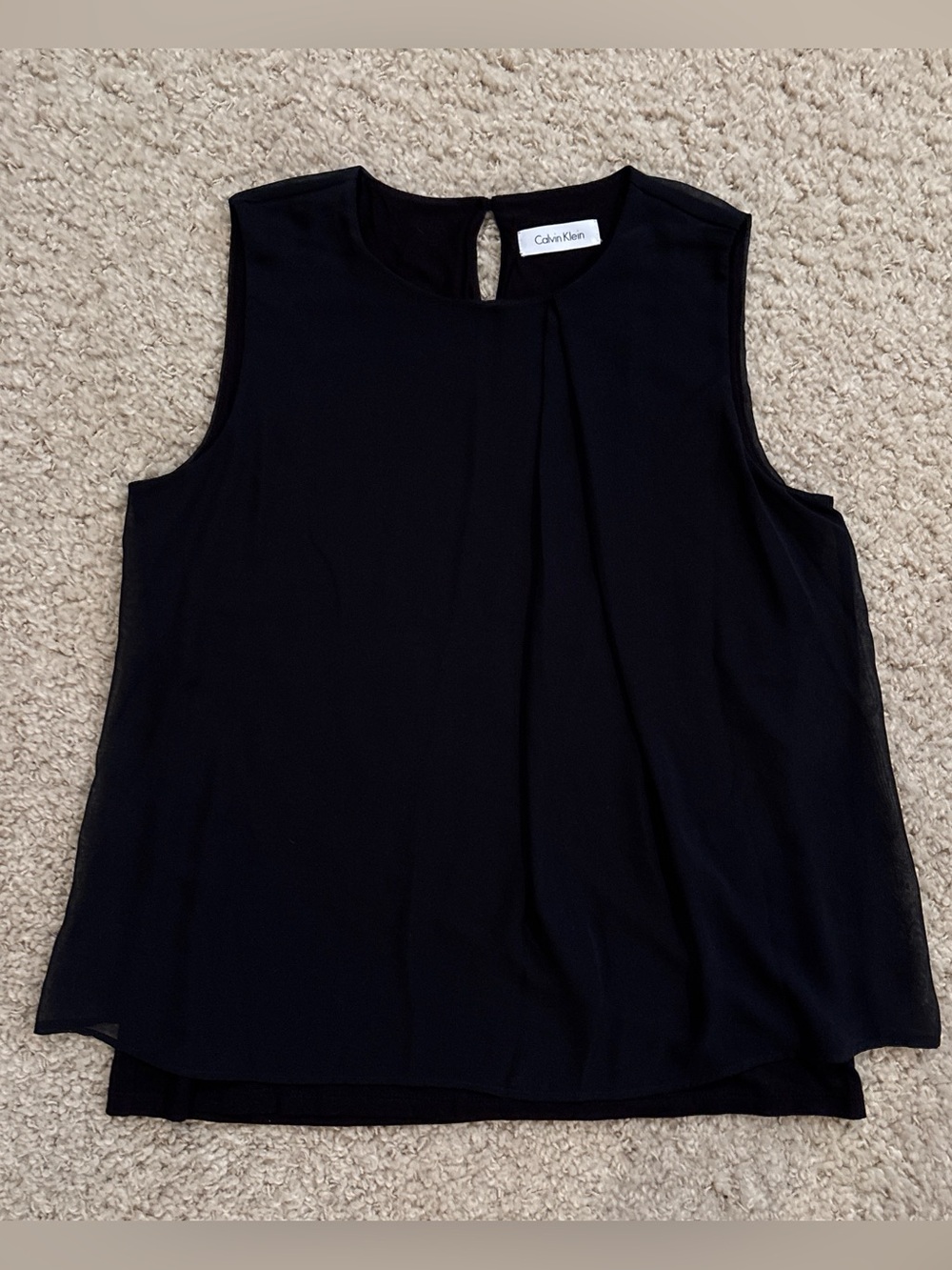 Calvin Klein Women's Petite Sleeveless Layered Pleated Black Rayon Tank Top